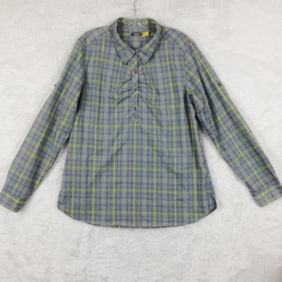 Cabelas Womens Shirt Button Down Blue Gray Plaid Long Sleeve Collar Round Hem XL - Picture 2 of 10